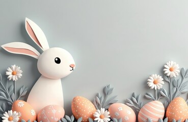 Cute Easter card with bunny, daisy flowers, decorated peach color eggs on light background. Holiday wallpaper with painted eggs, spring blooms, rabbit toy for social media campaign.