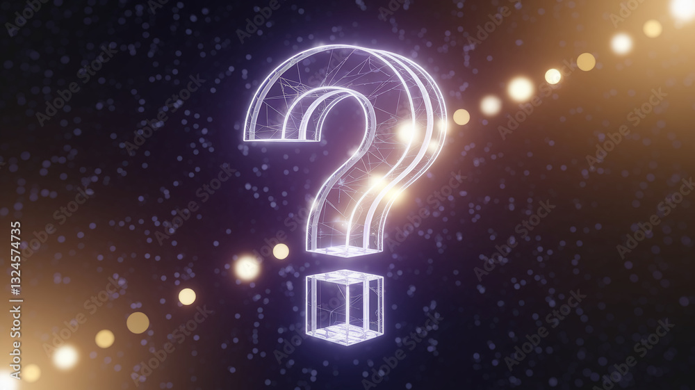 Poster Glowing large question mark symbol, polygonal style, floating over a cube on dark background with bokeh lights, representing inquiry, uncertainty, and problem-solving