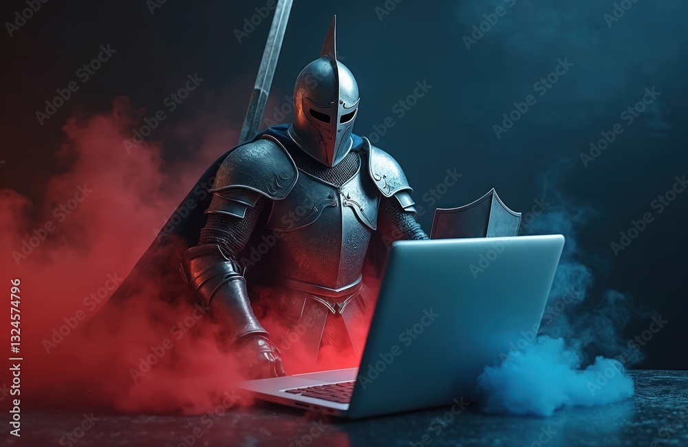 Poster medieval knight armored warrior comes out laptop screen with sword and shield. creative cyber securi