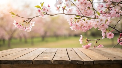 Delicate Cherry Blossoms Gracefully Overhanging A Rustic Wooden Table In A Sun-drenched Spring...