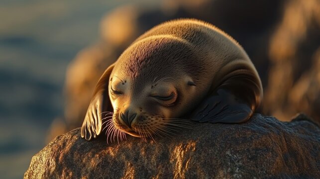 A sea lion pup resting on a sun-warmed rock. 