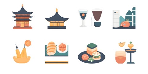 Cultural Elements: An artistic composition presents cultural icons from East Asia, featuring pagodas and diverse food delicacies