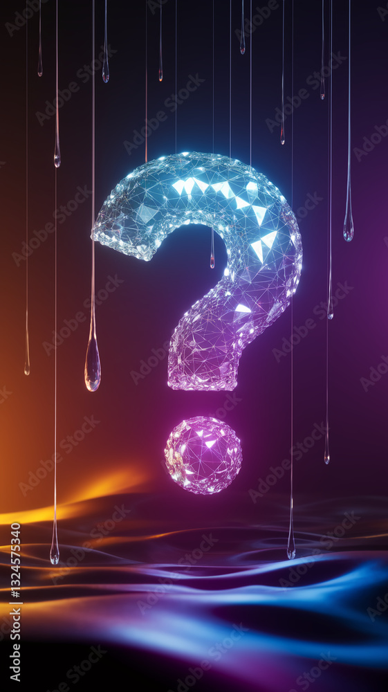 Poster glowing large question mark, polygonal structure, with dripping liquid elements against a dark, abst