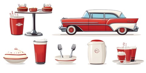 Retro Diner Set: A collection of vintage diner items, featuring a classic red car and assorted accessories, evokes nostalgia for the golden age of diners and drive-ins.