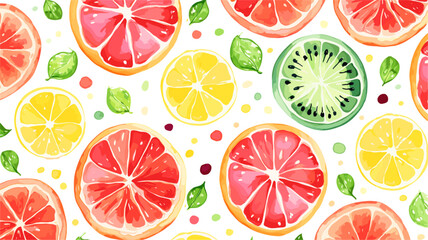 Fruit Textile Design. Repeating Pattern with Citrus Slices and Leaves in Watercolor Style