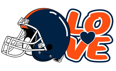 love - orange and navy blue football player helmet, sport vector graphics, hockey, for street art - graffiti lettering typography - art illustration - multicolor - writen	