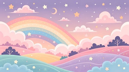 A Dreamy Pastel Landscape At Twilight, Showcasing A Vibrant Rainbow Arching Over Fluffy Clouds, Twinkling Stars, And Gentle Rolling Hills, Painted In Soft, Whimsical Colors