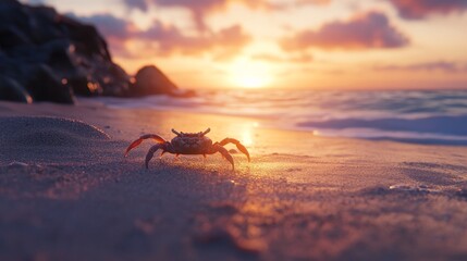 A small crab scuttling across a sandy beach at sunset. 