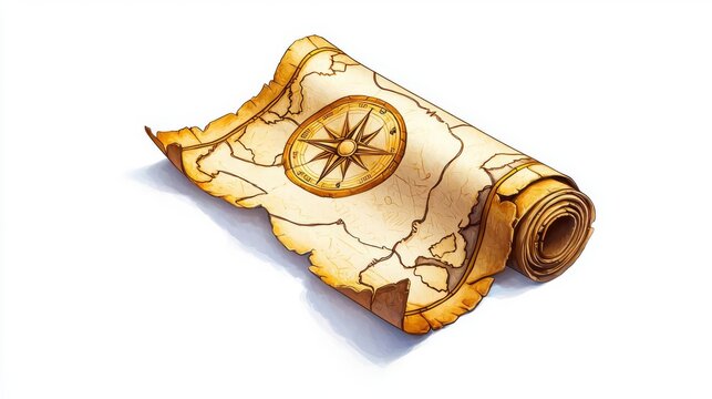 A vintage map rolled up, showcasing intricate designs and a compass rose.