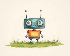 Happy Robot in Grassy Field.