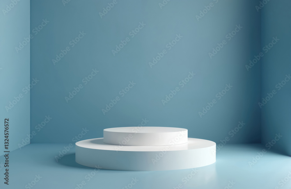Poster two round white platforms stacked on light blue background. product stage display, minimal compositi