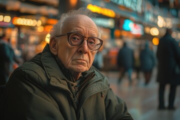 Fototapeta premium Old Man with Glasses Sitting on Bench