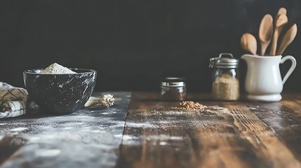 Flour spills while baking on a dark wood table with utensils in the background for kitchen ad use