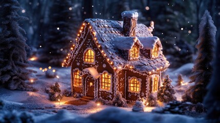 Fototapeta premium Gingerbread House Lit Up Snow