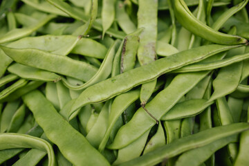 Fresh greens and broad beans at local urban market. Organic produce on sale at outdoor farmer market. Selling fresh crops and veggies harvest. European urban setting. Close up. Part of the series