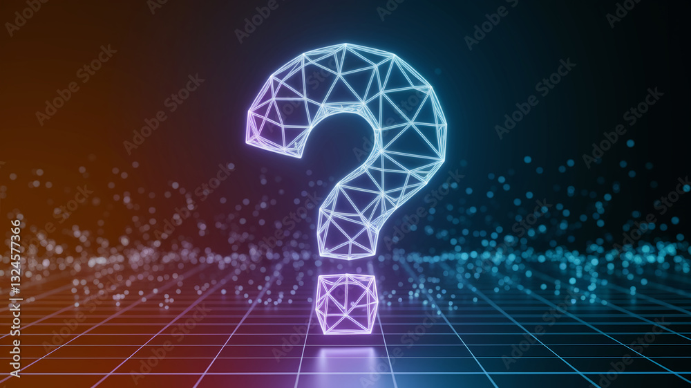 Poster Neon large question mark, wireframe style, on grid background with bokeh effect, symbolizing inquiry, uncertainty, or digital enigma, perfect for tech or abstract concepts