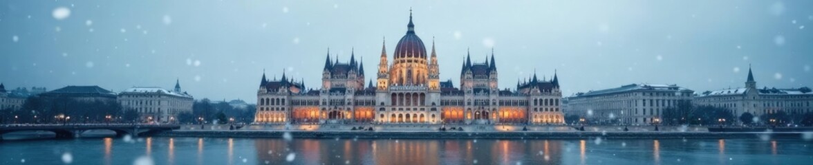 Fototapeta premium Snowflakes gently falling on the parliament building, Budapest, parliament building, cold