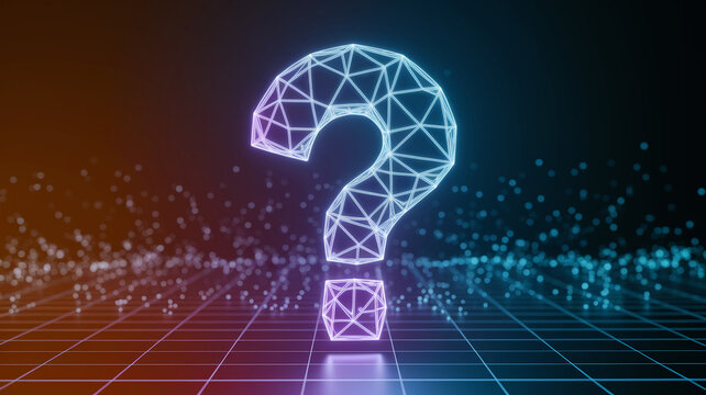 Neon large question mark, wireframe style, on grid background with bokeh effect, symbolizing inquiry, uncertainty, or digital enigma, perfect for tech or abstract concepts - Powered by Adobe