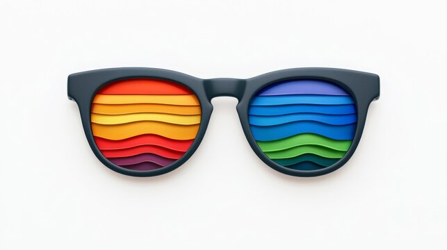 Colorful sunglasses with vibrant lenses reflecting wavy patterns, perfect for summer fun.