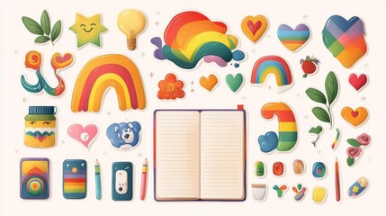 Fototapeta premium Colorful and cheerful graphic elements featuring rainbows, hearts, and cute icons.