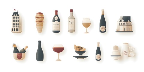 Culinary Delights and Beverages: A meticulously arranged set of illustrations showcases an array of delectable foods and beverages, inviting viewers to experience culinary pleasure.