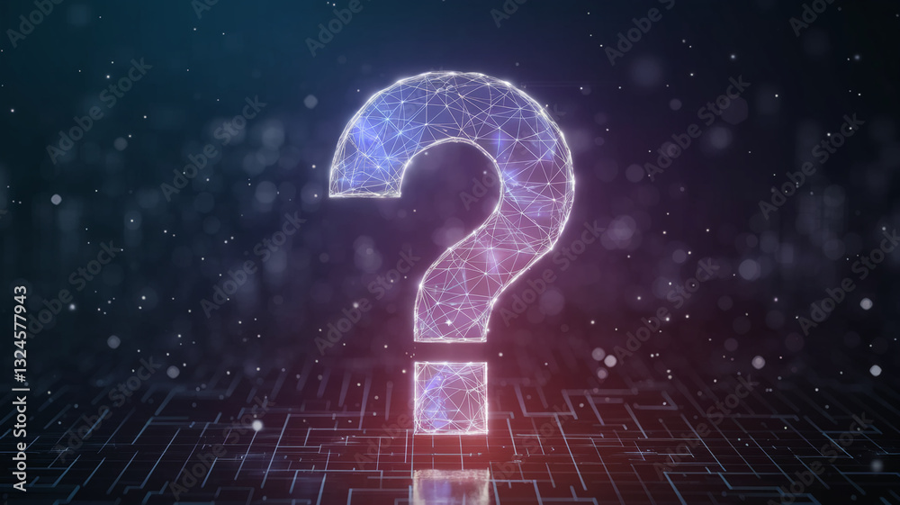 Poster glowing polygonal large question mark on dark background, digital network concept, symbolizes inquir