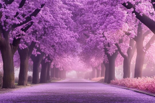 This photo captures a street with a row of trees adorned with vibrant purple flowers creating a picturesque scene Pathway adorned with jacaranda trees in bloom within a park .