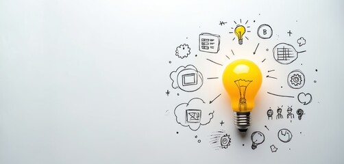 Brainstorming concept. Yellow light bulb surrounded by hand drawn doodle thought process icons, gears, flow charts on white background. Flat lay, problem solving, business process visualisation,