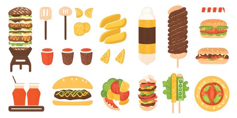 Culinary Delights: An appetizing flat lay arrangement of diverse fast food items, perfect for food blogs, recipe cards, and menu designs. 
