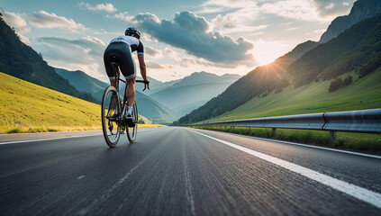Cyclist riding bicycle on scenic mountain road at sunset, professional athlete training outdoors in beautiful natural landscape