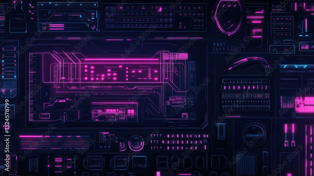 Aufkleber Futuristic cyberpunk design displaying neon typography and digital HUD overlays with glitch effects for tech-driven graphic resources