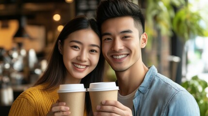 Happy Young Asian Couple Enjoying Coffee Together