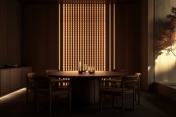 Fototapeta premium fine dining restaurant featuring soft ambient lighting, wooden decor, and an elegant seating arrangement, creating a romantic and inviting atmosphere.