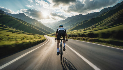 Cyclist riding bicycle on scenic mountain road at sunset, professional athlete training outdoors in beautiful natural landscape