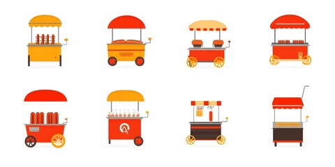 Variety of Food Carts: A collection of diverse food carts with awning offers an assortment of culinary delights, each cart showcasing its unique offerings and vibrant style.