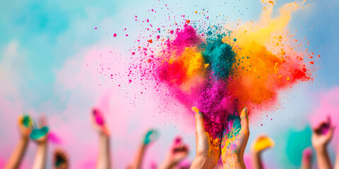 Close-up of a hand throwing vibrant colored powder into the air during Holi festival, with blurred hands in the background raising handfuls of bright pigments. A dynamic and joyful celebration