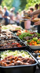 Summer Buffet: A vibrant display of delectable dishes at an outdoor buffet, capturing the essence of a lively social gathering, perfect for food lovers and event planners alike.