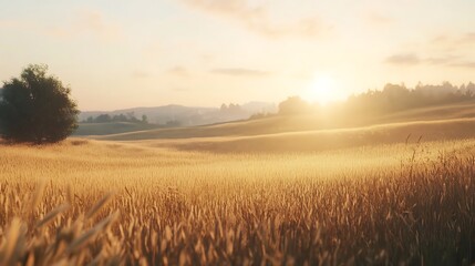 Obraz premium Idyllic Farmland Golden Crops Bright Sunlight Peaceful Summer Rural Scene