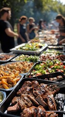 Feast of Celebration: A vibrant outdoor gathering features a lavish buffet table laden with grilled meats, fresh salads, and various dishes, capturing the essence of community, festivity.