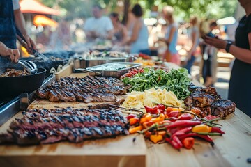 Fototapeta premium Culinary Feast: A vibrant spread of grilled food, fresh vegetables, and appetizing side dishes prepared for an outdoor event, offering a colorful and appetizing feast for the senses. 