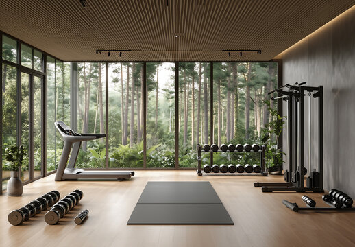 private gym with modern exercise equipment, wooden flooring, and floor-to-ceiling windows offering a breathtaking view of lush greenery, creating a peaceful fitness space.
