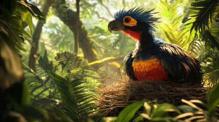 A vibrant scene showing an extinct Aepyornis bird nesting in a jungle environment.