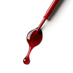 Red Nail Polish Dropping from Bottle onto White Background Showing Glossy Texture and Drip