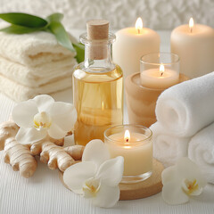 calming spa setup with candles and essential oil