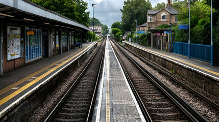 Fototapeta premium Railway Tracks Leading to a Train Station with Platforms Trees Buildings under a Cloudy Sky