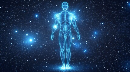 3D render of a human body anatomy hologram with neon light