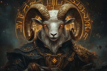 A realistic depiction of a golden Aries ram with curved horns, standing on a rocky cliff under a starry night sky