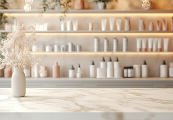 Luxury beauty product display on elegant marble shelves, high-end cosmetics and skincare retail concept