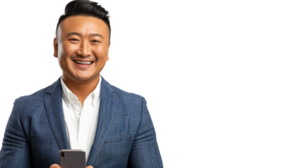 Smiling asian businessman holding smartphone on transparent background