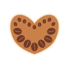 Sticker for coffee lovers. Heart of coffee beans. Vector illustration. Decorative element for cafeteria, shop, barista, kitchen.
